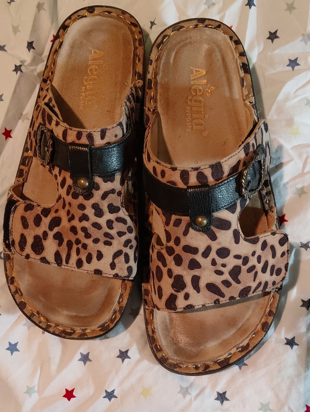Alegria Leopard Print Slide Sandals in Tan and Black